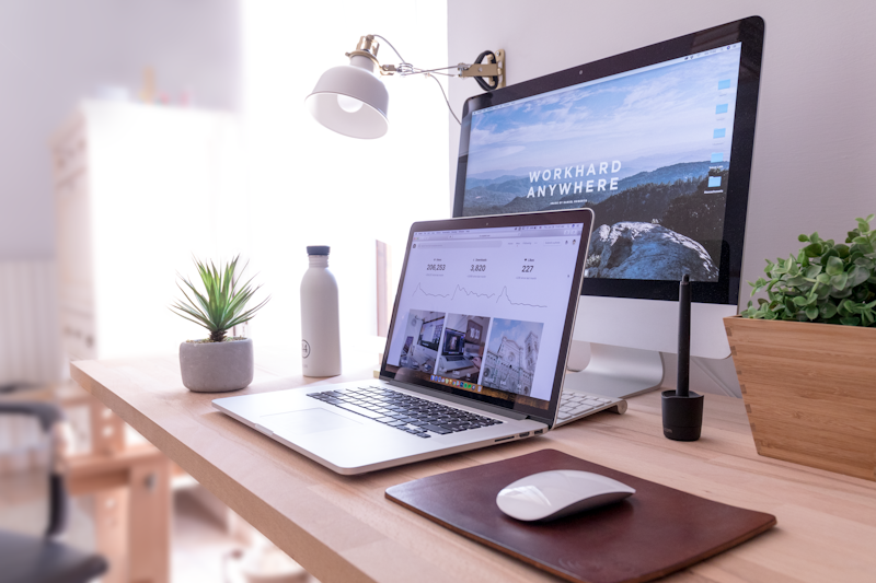 Sample workspace scene for object detection, laptop, monitor, plant, mouse